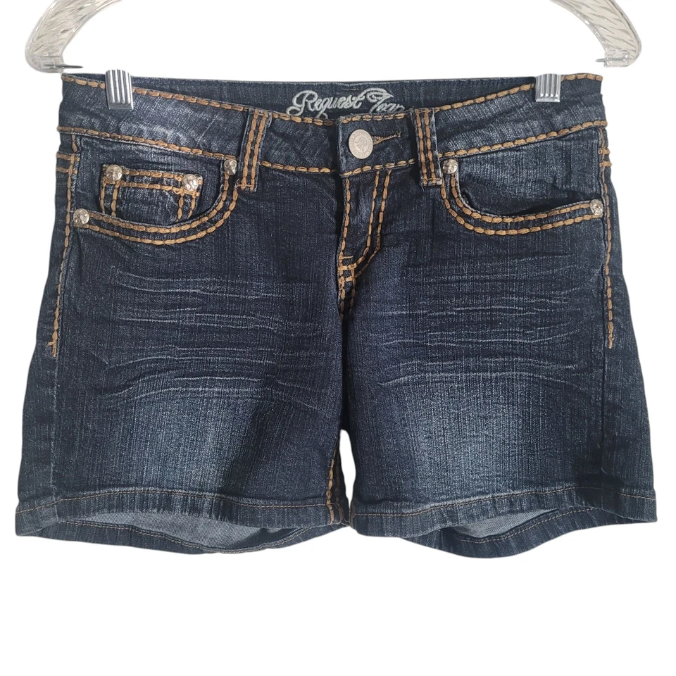 Pantalones cortos de mezclilla de tiro bajo Request Jeans Y2K para mujer talla 5/27 azul entrepierna de 5" Foto 1 de 4