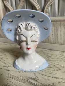 Vintage Irving Rice Co 4" Lady Head Planter w/Gold Eyelashes and Blue Hat - Picture 1 of 9
