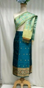 Green Tone Silk Skirt Fabric Woman Wraparound Skirt Sarong Lao  Adjustable - Picture 1 of 6