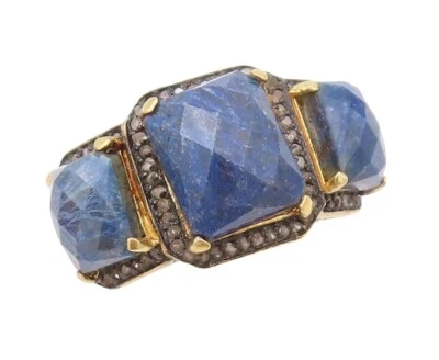 925 Sterling Silver Vintage Ring Diamonds & Rectangle Blue Gemstone Sz 8 RG30323 - Image 1 of 4