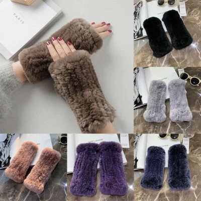 Fingerless Glove Warm Rex Rabbit Fur Knitted Fleecy Mittens Women's gloves - Image 1 of 4