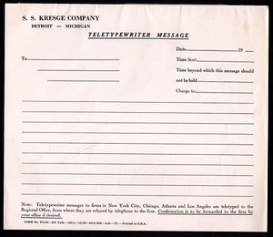 1950s 1960s S.S. Kresge Company K-Mart Detroit Michigan Teletypewriter Message - Picture 1 of 1