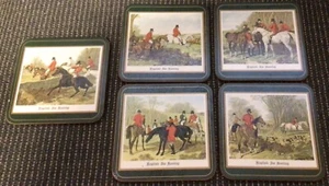 Fox Hunt Hunting Set of 5 Green Rim Coasters Pimpernal - Picture 1 of 8