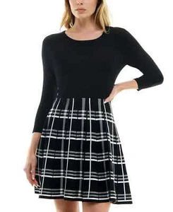 BCX Sweater Dress Juniors Size XS Black White Plaid 3/4 Sleeve Mini NWT - Picture 1 of 5