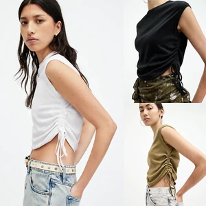 All Saints Womens Tank Top Sonny Sleeveless Side Seam Drawcord Cropped T-Shirt - Picture 1 of 21