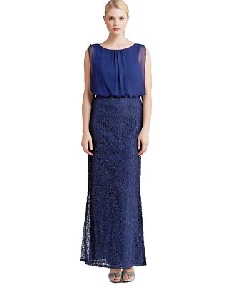 AIDAN MATTOX ~ Azul Marino Seda Blusa Gasa Lentejuelas Falda Vestido Formal 2 NUEVO $375 Foto 1 de 4