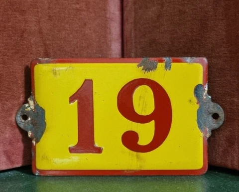 Vintage French enamel house sign number 19 yellow raised for mailbox , door Cover