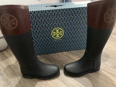 Tory Burch Botas de Lluvia Impermeables de Goma Hasta la Rodilla Cuero Top Talla 5 Azul Marino/Almendra Foto 1 de 4