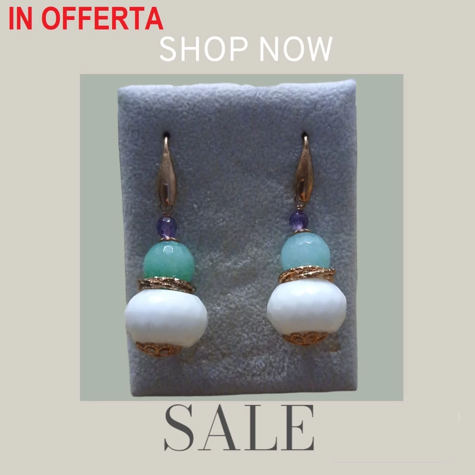 Orecchini in argento 925% rodiato oro rosa con agata bianca ,giada , ametista - Immagine 1 di 1