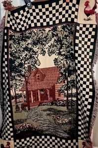 Country Cabin Tapestry Throw Bob Timberlake Fringe Roosters Checkered 48 X 72” - Picture 1 of 12
