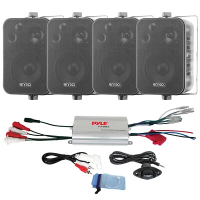 Pyle 4 канала 400 Вт водонепроницаемый MP3 вход морской питания лодки усилитель + 4 черный ящик колонки - Изображение 1 из 4