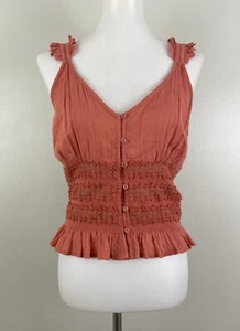 Anthropologie Ruffled Boho Tank Top Lace V Neck Camisole Coral Pink Medium - Picture 1 of 6