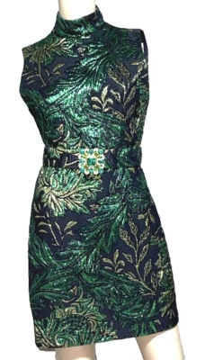 Andrew GN 2023 Green Brocade Jacquard Crystal Belted Cocktail Dress US 4 6 FR 38 - Image 1 of 4