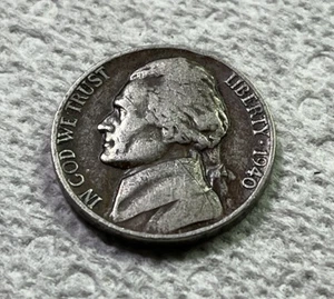 RARA moneta 5 centesimi Jefferson Nickel 1940 senza marchio di zecca Philadelphia - Foto 1 di 10