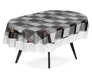 6 Seater Oval Dining Table Cover with White Border lace 60x90 inch Brown - Picture 1 of 5