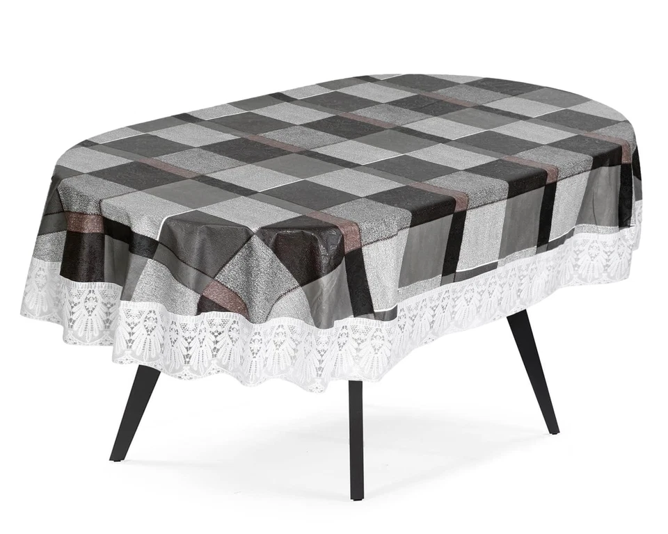 6 Seater Oval Dining Table Cover with White Border lace 60x90 inch Brown - Image 1 of 4