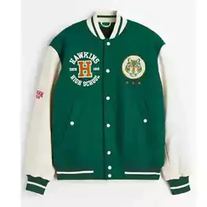 Letterman Stranger Things Hawkins Stadium Green and White Varsity Jacket - Picture 1 of 6