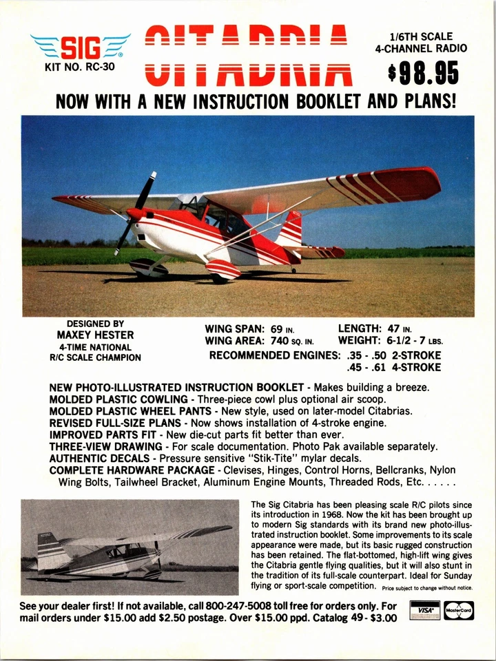 Anuncio impreso avión radiocontrol Sig Citabria efímero arte de pared decoración escala 1/6 Foto 1 de 1