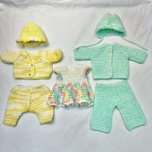 VTG Handmade Crochet Doll Clothes Lot Fits 12-14” Dolls – 3 Outfits + 2 Hats - Picture 1 of 24