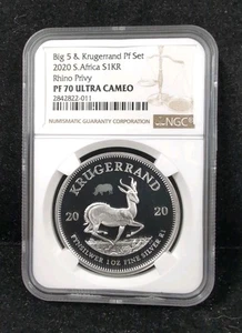 2020 S. Africa Krugerrand W/ Rhino Privy 1 Oz 999 Silver PF 70 Ultra Cameo 5172 - Picture 1 of 2