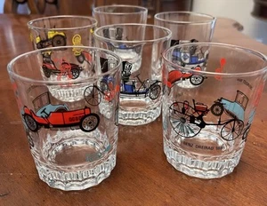 6ct 10 oz Lowball Rocks Old Fashioned Glasses Antique Cars 6 Whiskey Benz Chevy - Picture 1 of 10