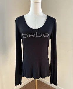 Vintage Black Bebe long sleeve top with rhinestone logo #y2kfashion Size L - Picture 1 of 9