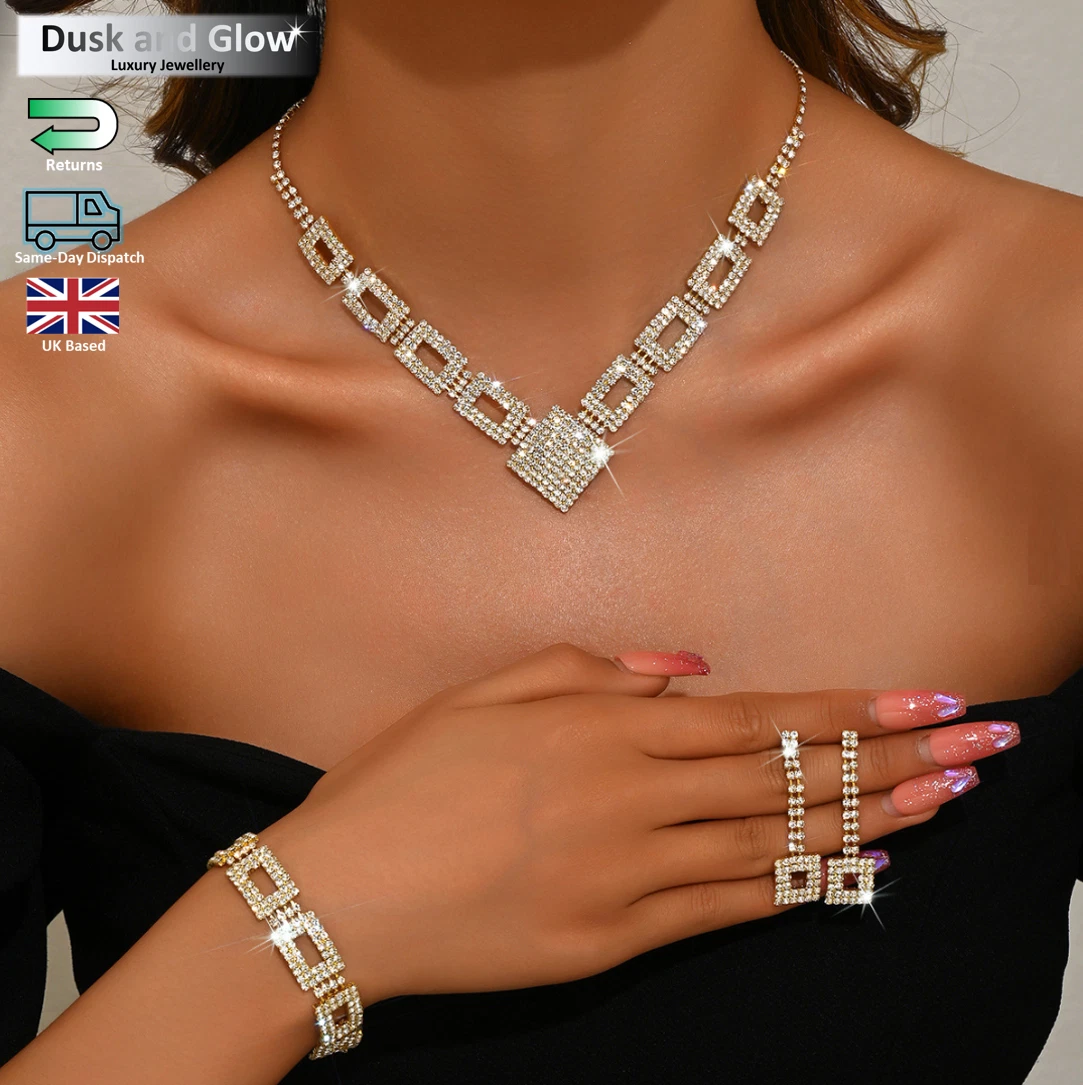 Pakistani Golden Jewelry Set For Women - Necklace, Earrings, Bracelet & Ring (Crystal Enamel, Gift Box)