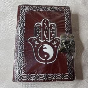 Hamsa Yin Yang Hand Die Cut Leather Journal with Lock 5×7 Made In India SEALED - Picture 1 of 10