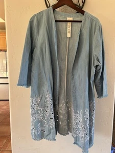 Chico's Womens 2 XL Indigo Eyelet Topper Chambray Cardigan Jacket Open Front XXL - Picture 1 of 7