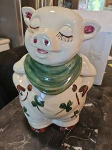 Retro Shawnee Pottery "Shamrock" Pig Cookie Jar - Green Scarf - USA - Cookie Jar - Picture 1 of 4