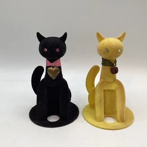 Retro Flocked Cat Figurines Max Factor Black Yellow Pair Kitsch Decor Hong Kong - Picture 1 of 4