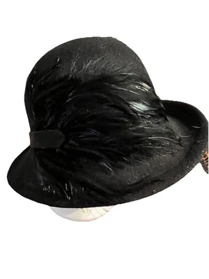 Chapéu de feltro Betmar New York preto caixa de comprimidos lã 1930-40 pluma pluma outono clássico - Imagem 1 de 4