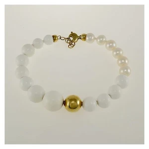 NIMEI-Armband (Miluna) 8–12 mm große weiße Achatkugeln und Perlen, 18 kt Gelbgol - Bild 1 von 3