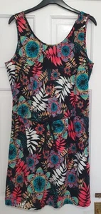 Size 20 Black Coral Green White Tropical Sleeveless Gathered Waist T Shirt Dress - Picture 1 of 4