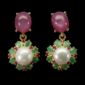 925 Sterling Silver Earrings Oval Ruby 10x8mm Emerald Pearl Gemstone Jewelry - Picture 1 of 13