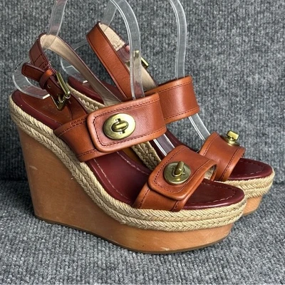 "Sandalias de cuña Coach Mariam 7,5 marrón cuero latón herrajes madera plataforma 5""" Foto 1 de 4
