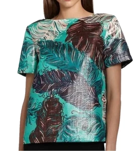 Nuovo Kate Spade Regal Plumes jacquard stampato metallo boxy top verde acqua US 4 - Foto 1 di 12