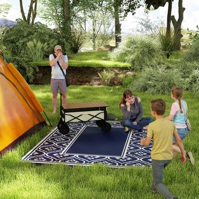 Alfombra de exterior Outsunny, pajita de plástico de 8' x 10', borde de calabaza azul blanco Foto 1 de 4