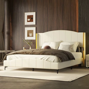 Queen Size PU Leather Upholstered Platform Bed, Headboard with Wingback and Meta - Picture 1 of 18