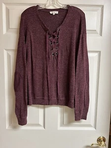 Umgee+ USA Sz XL Burgundy Purple Pullover Sweater Suede Elbow Pads Lace Up Front - Picture 1 of 10