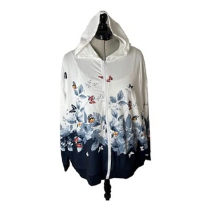 Felpa donna con cappuccio zip jaclet bianca blu stampa floreale farfalla casual taglia 4XL - Foto 1 di 12