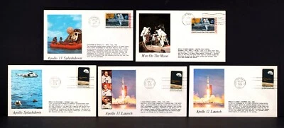 APPOLLO 12-13 1969-70 LAUNCH-LANDING-MAN 0N MOON-SPLASHDOWN 5 FDC SET MINT/FINE - Image 1 of 2