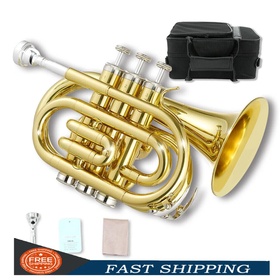 Trompeta de bolsillo Bb de latón lacado trompeta amarilla boquilla 7C, estuche rígido, correa Foto 1 de 4
