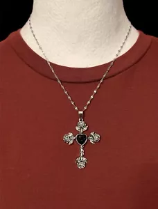 Mens Womens Stainless Steel Rose Flower Cross Pendant Necklace Black Crystal New - Picture 1 of 13