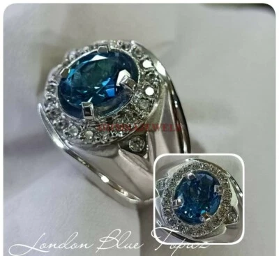 Anello In Argento Sterling 925 Con Gemma Di Topazio Blu Naturale Per Uomo #811 - Immagine 1 di 3