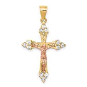 10k Two Tone Gold Cubic Zirconia CZ Clustered Pointed Cross Crucifix Pendant - Picture 1 of 3