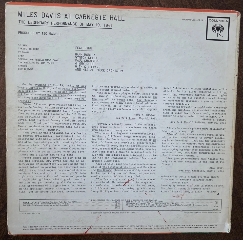 MILES DAVIS - At Carnegie Hall - 1962 Columbia two eye LIVE JAZZ LP - Image 1 of 4