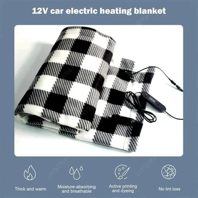 12V Heated Electric Car Truck Suv Van Fleece Black White Plaid Heater Blanket - image 1 of 4