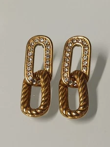 Vintage Swarovski Collection Gold Crystals Paper Clip Link Drop Pierce Earrings - Picture 1 of 8