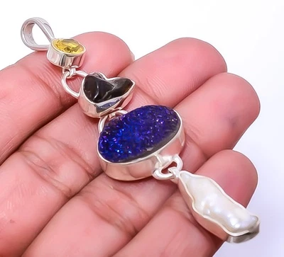 Titanium Blue Agate Drusy & Tourmaline 925 Sterling Silver Pendant 2.85" A347 - Image 1 of 4